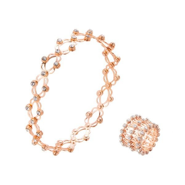 Rose Gold Telescopic Ring – Adjustable Diameter 2-7cm – Copper with Rhinestones – Stretchable Open Ring for Women