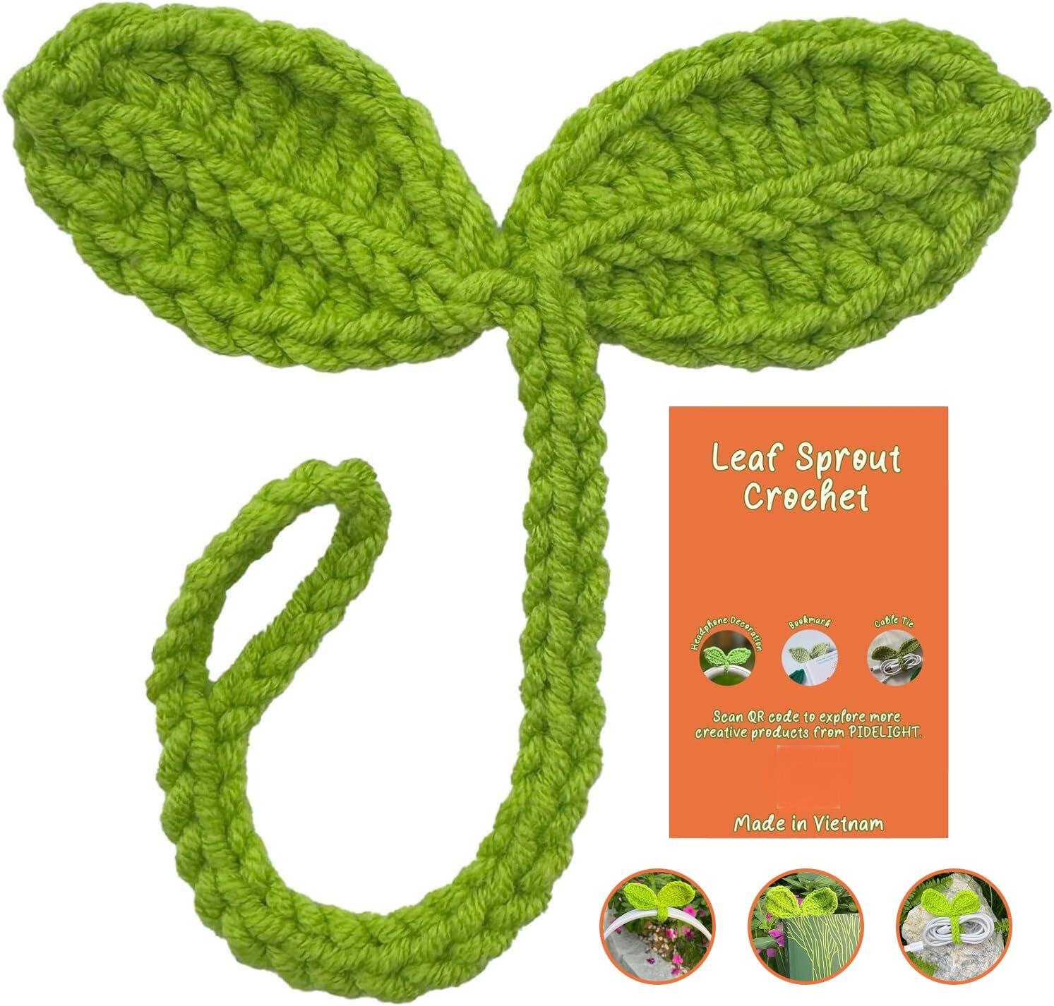 Cute Knitted Crochet Leaf Sprout – Handmade Lucky Multi-Functional Accessory – Ideal Bookmark for Bookworms – Headphone Cable Tie & Cord Organizer – Green