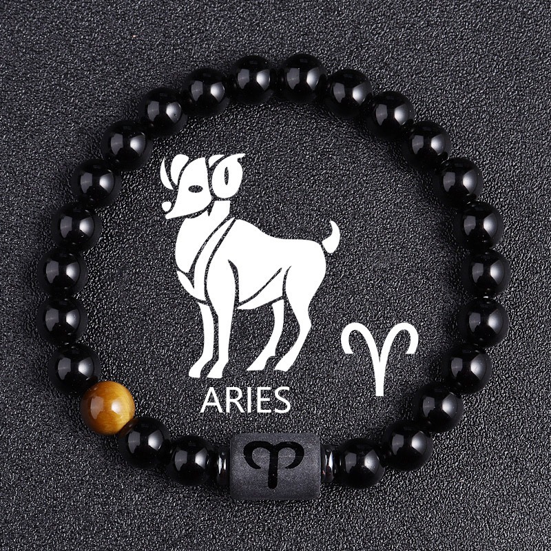 Aries Zodiac Bracelet – Black Natural Stone – 8mm Beaded Elastic Bracelet for Men Women – Stretchy Adjustable Feng Shui Bracelet – Positive Energy Gift for Couples