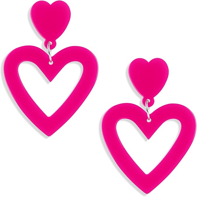 2 Pcs Pink Earrings – Hot Pink Love Earrings – Heart Drop Dangle Earrings for Women Girls – 2.8×1.8cm