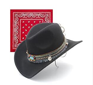 Cowboy Hat for Men Women – All Black – 60cm (L) – Wide Brim Western Hat with Tassel & Red Bandanna – Adjustable Size – Gift for Family & Friends