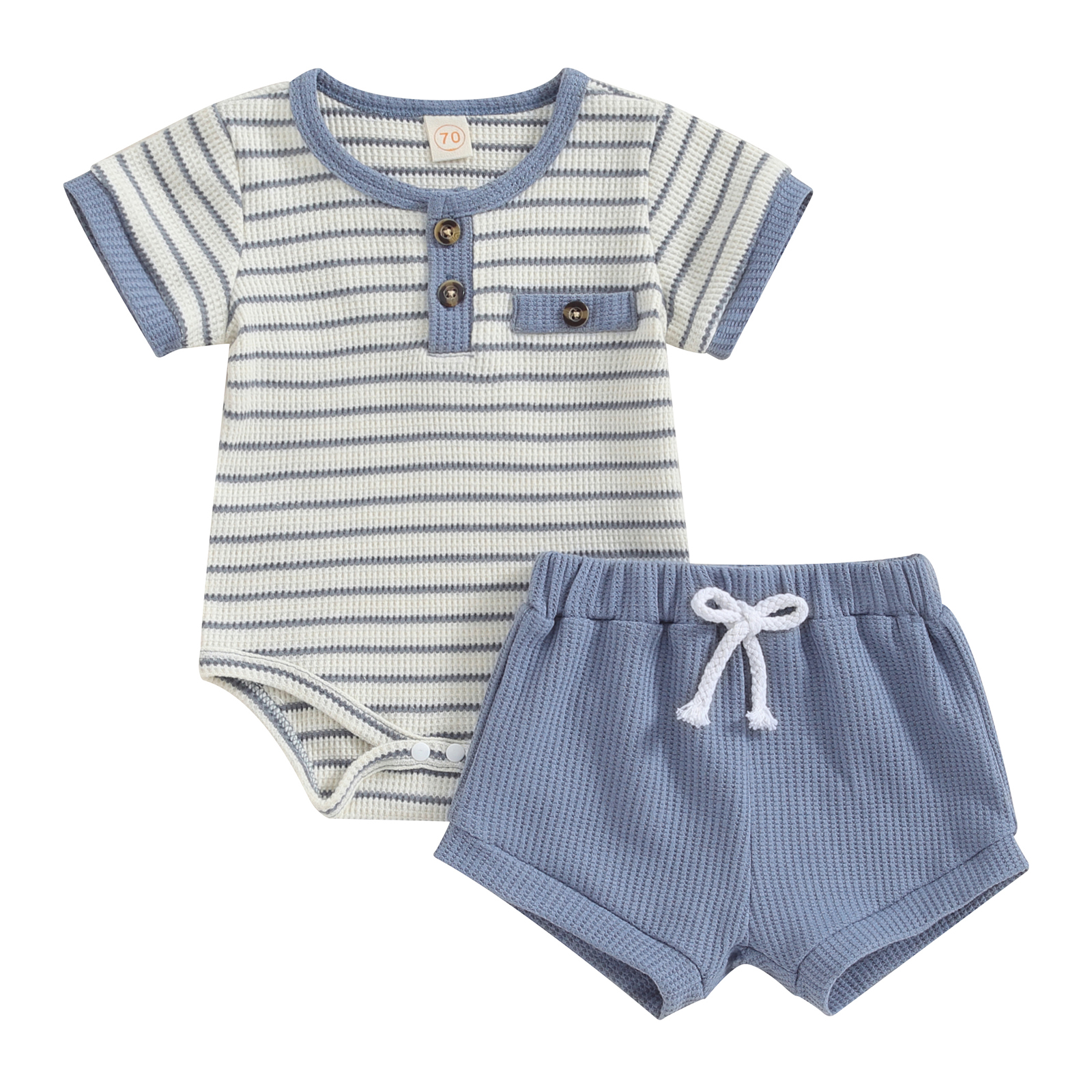 （ 90 ）Newborn Baby Boy Summer Clothes Button Short Sleeve Romper Bodysuit Shorts Set Infant Soft Waffle Outfit