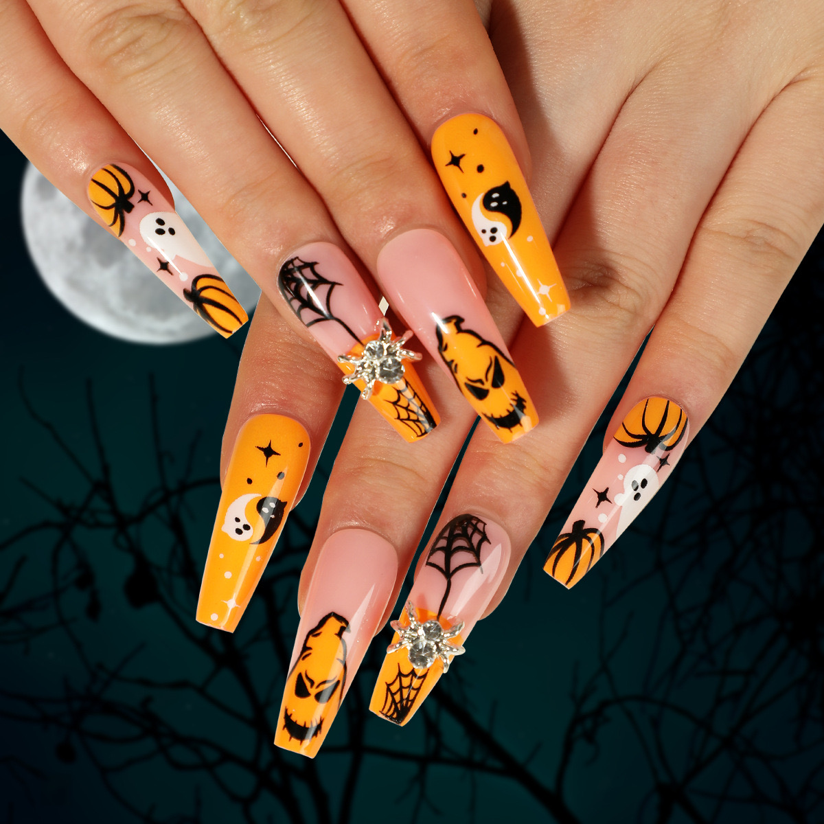 Halloween Press On Nails – Hand-Painted Pumpkin Series – 3D Spider Drill Fake Nails – Purple Magic Mirror Powder – Extra Long Pointed Almond Ballerina Coffin – Reusable Acrylic Full Cover – Happy Halloween