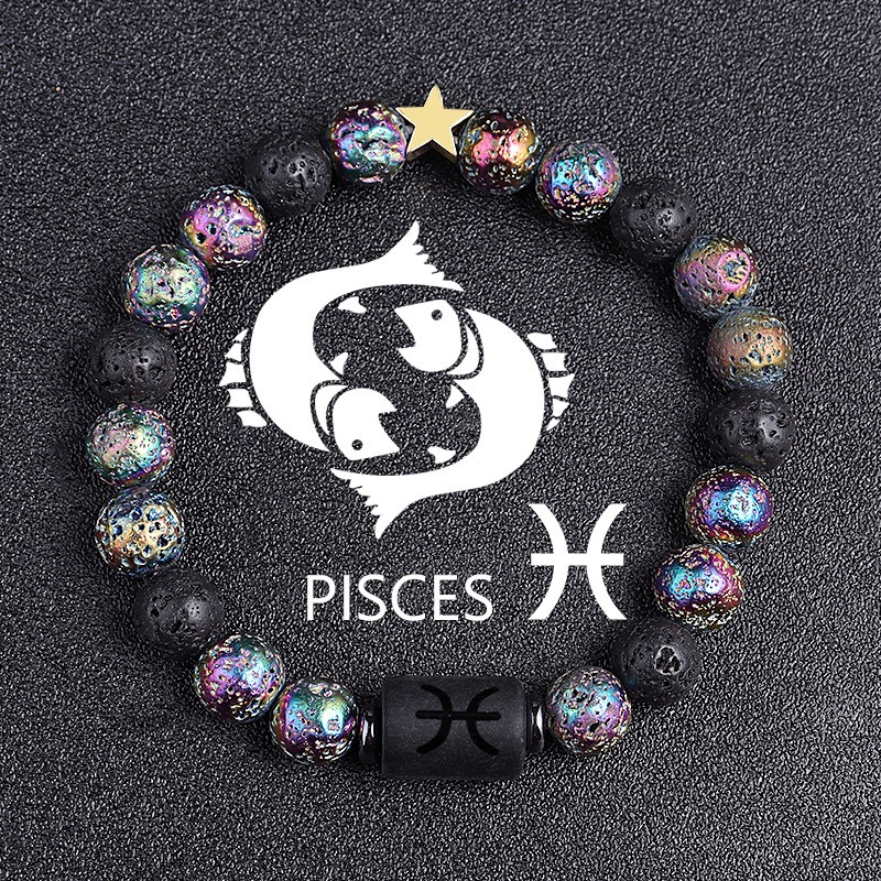 Twelve Constellation Elastic Bracelet – Natural Tiger Eye Lava Stone Beads – Unisex Couple Fashion Bracelet – Pisces