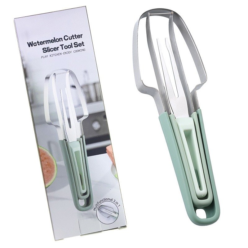 3-in-1 Watermelon Cutter – Green – Stainless Steel Watermelon Slicer Tool – Includes Fork + Cutter + Popsicle Cutter – Easy to Use – Lightweight & Portable – For Home, Picnic, Party