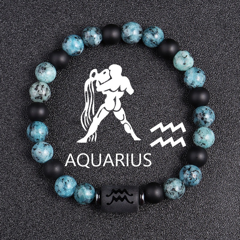 Aquarius Zodiac Bracelet – Blue-Black Natural Stone – 8mm Beaded Elastic Bracelet for Men Women – Stretchy Adjustable Feng Shui Bracelet – Positive Energy Gift for Couples