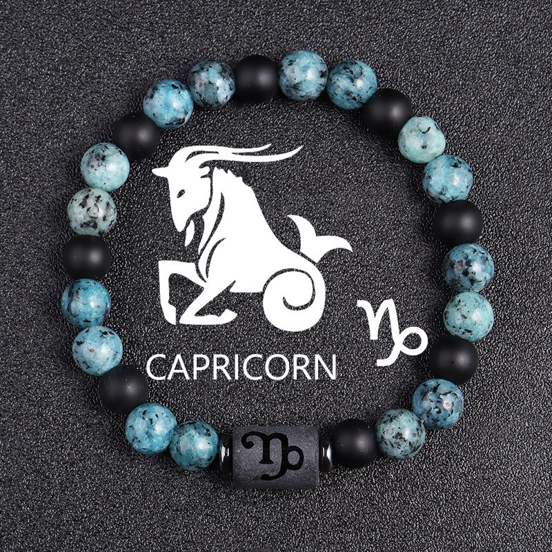 Capricorn Zodiac Bracelet – Blue-Black Natural Stone – 8mm Beaded Elastic Bracelet for Men Women – Stretchy Adjustable – Positive Energy Gift for Couples