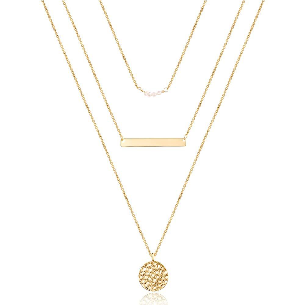 Dainty Layered Choker Necklace, 14K Gold Plated Y Pendant, Multilayer Bar Disc Necklace, Adjustable Layering Choker Necklaces for Women,