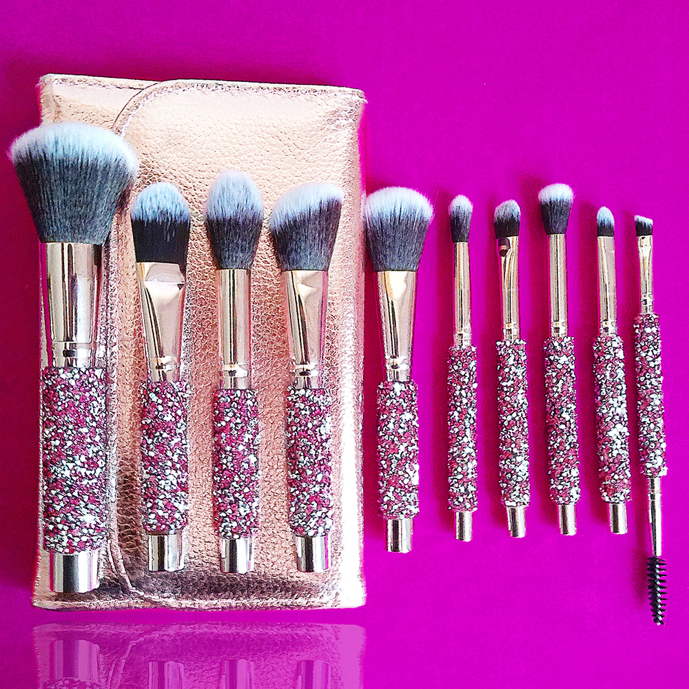 10-Piece High-End Pink Diamond-Embedded Handmade Custom Makeup Brush Set
