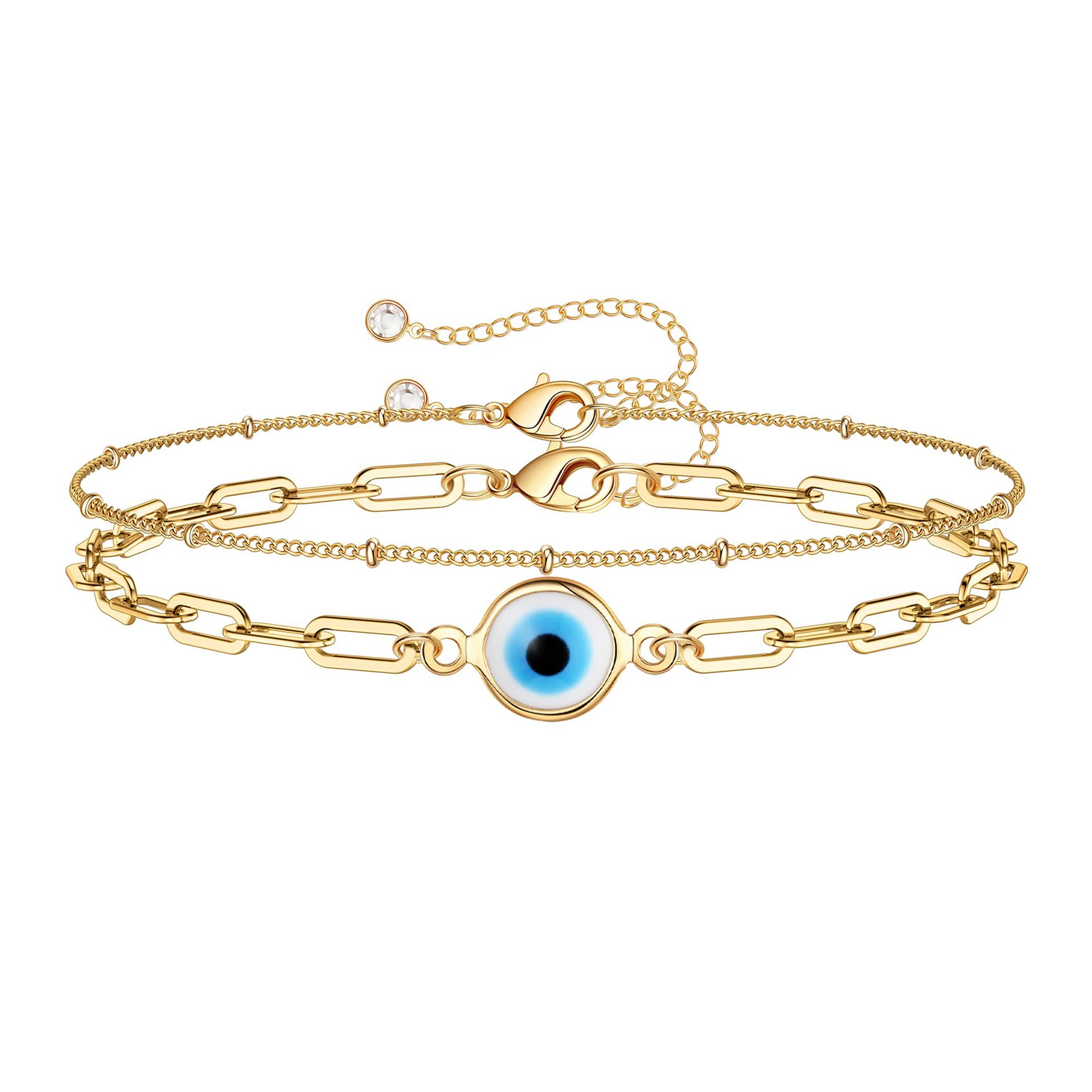 Dainty Gold Bracelets for Women – 14K Gold Plated Adjustable Layered Beads Bracelet – Evil Eye Oval Chain Pearl Bar Turtle Gold Jewelry