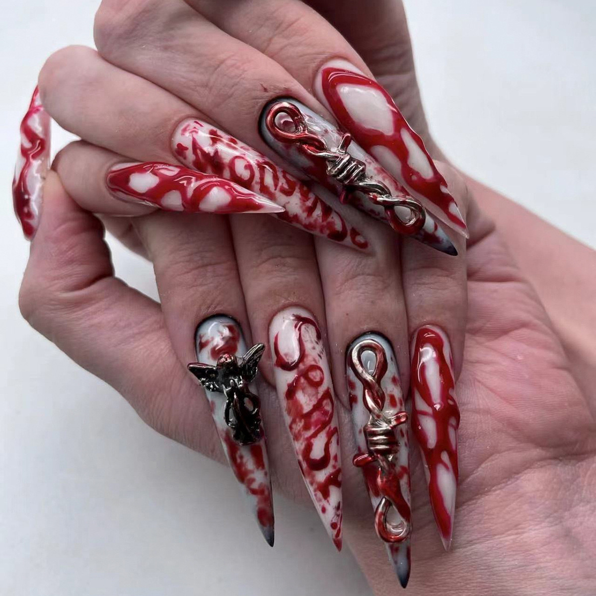 Halloween Extra Long Teardrop Press On Nails – 24PCS Terrifying Angel 3D Blood Fake Nails – Acrylic Full Cover Almond Tips with Glue – for Women Girls