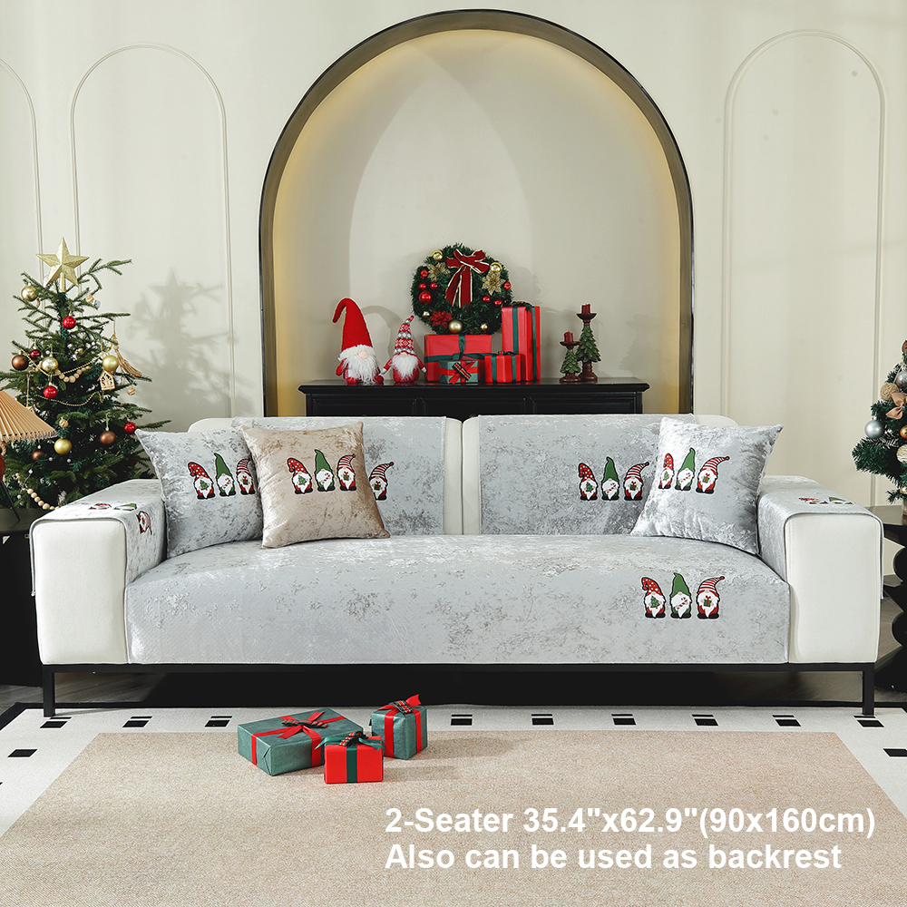 2-Seater 90x160cm Non-Slip Plush Sofa Cushion, Ice Flower Gray Thick Flannel Couch Cover with Silicone Bottom, Machine Washable 