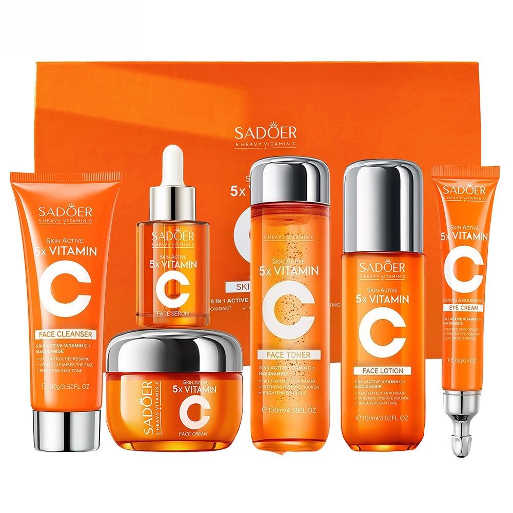 SADOER 5X Vitamin C Skin Care Set Face Cleanser Toner Eye Cream Face Lotion Gift Box