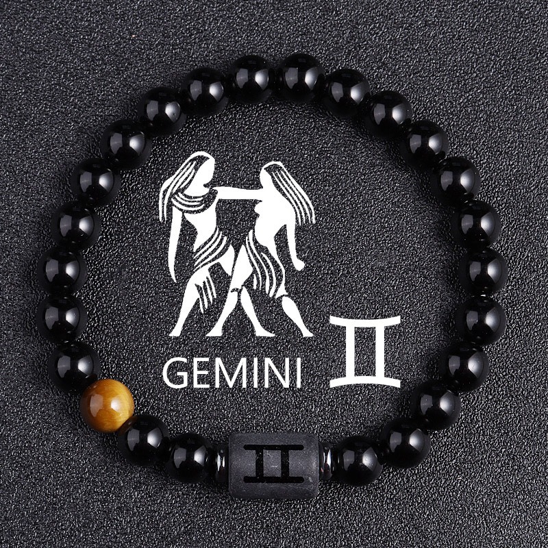 Gemini Zodiac Bracelet – Black Natural Stone – 8mm Beaded Elastic Bracelet for Men Women – Stretchy Adjustable Feng Shui Bracelet – Positive Energy Gift for Couples