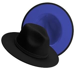 Fedora Hat for Men Women – Black Exterior / Blue Interior – 58cm (M) – Wide Brim Jazz Hat with Black Wool Felt Band – Adjustable Size – Gift for Family & Friends