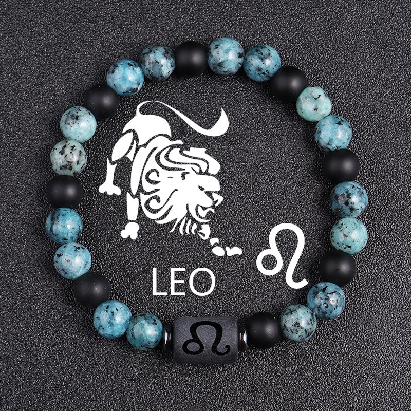 Leo Zodiac Bracelet – Blue-Black Natural Stone – 8mm Beaded Elastic Bracelet for Men Women – Stretchy Adjustable Feng Shui Bracelet – Positive Energy Gift for Couples