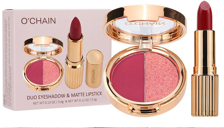 O’CHAIN Duo Eyeshadow & Matte Lipstick Kit – 2-in-1 Makeup Set – Waterproof Long-Lasting – Matte Finish – All Skin Types – 01# / 02#