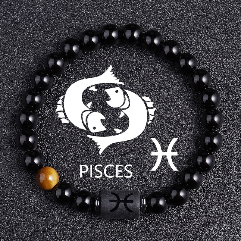 Pisces Zodiac Bracelet – Black Natural Stone – 8mm Elastic Beaded Bracelet for Men Women