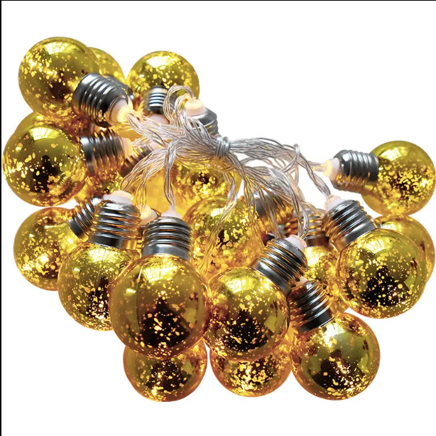 Gold foil 10LED spherical string light: 2-meter outdoor string light with 10 cute little globes. Each globe has a size of 2 inches, which is