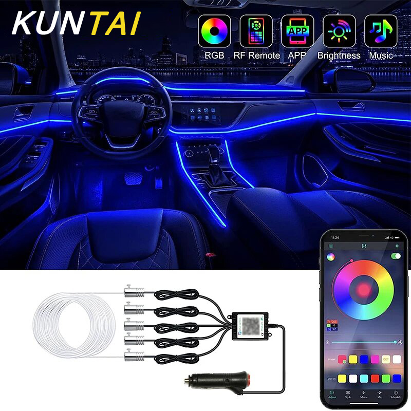 LED for Car Interior, Fiber Optic Ambient Light, Application Control, Automatic Neon Decorative Lamp, 5 in 1, 6M