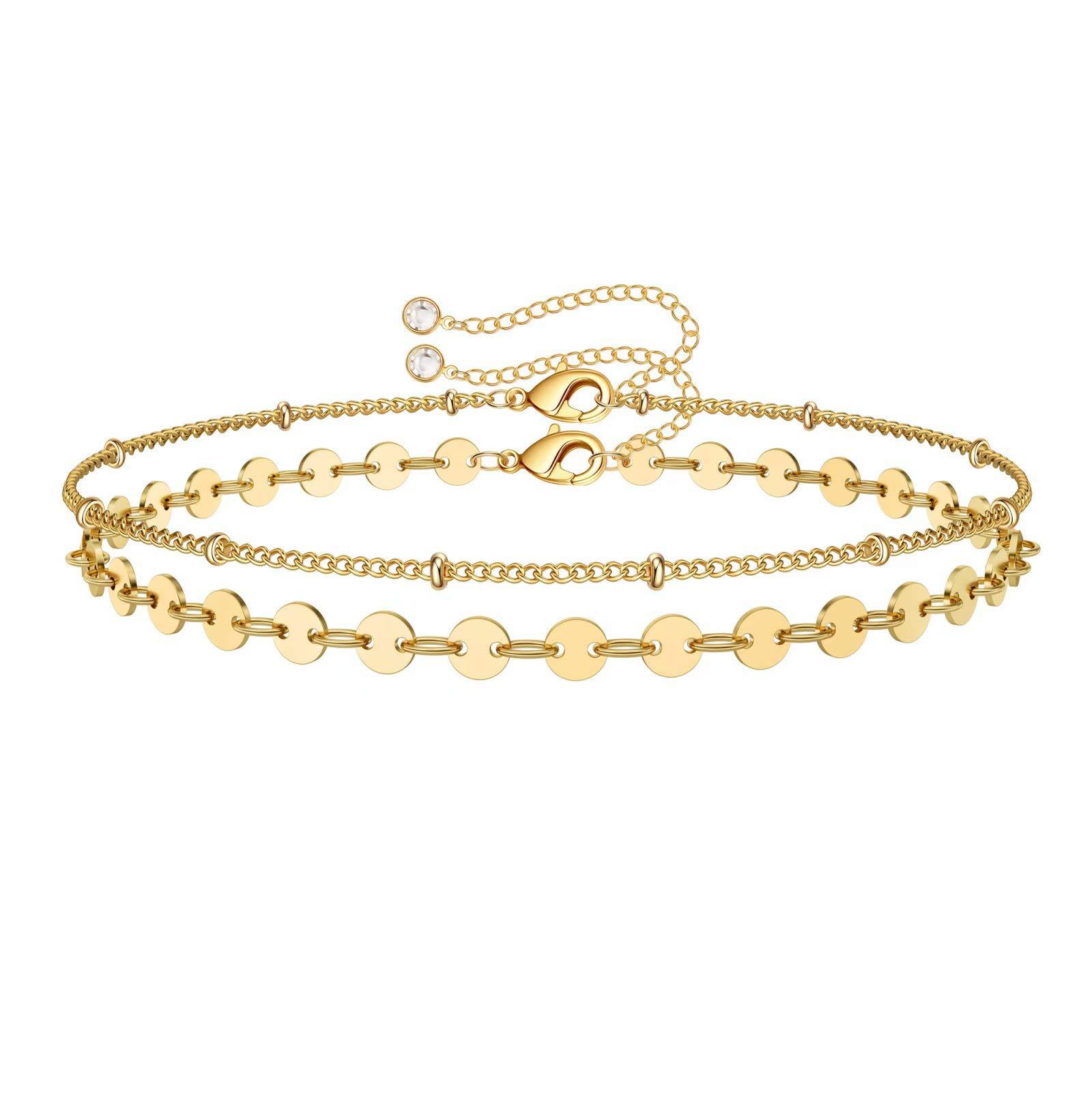 Dainty Gold Bracelets for Women, 14K Gold Plated Adjustable Layered Beads Bracelet Cute Evil Eye Oval Chain Pearl Bar Turtle Gold