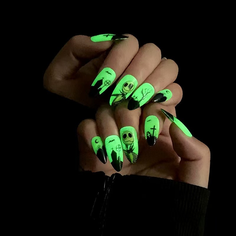 Halloween Glow in The Dark Press On Nails – 24 Pcs Medium Almond Fake Nails – Nightmare Before Christmas Full Cover Glossy Acrylic Nails – with Jelly Stickers, Nail File, Wooden Stick – for Women Girls