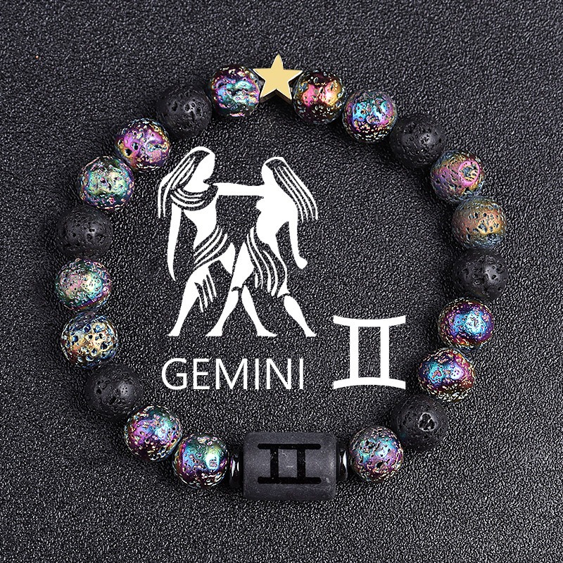 Twelve Constellation Elastic Bracelet – Natural Tiger Eye Lava Stone Beads – Unisex Couple Fashion Bracelet – Gemini