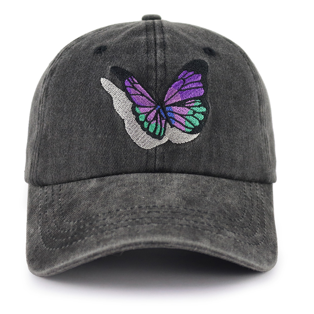 Vintage Washed Black Baseball Cap with Colorful Butterfly Embroidery, Adjustable Cotton Dad Hat for Women & Men