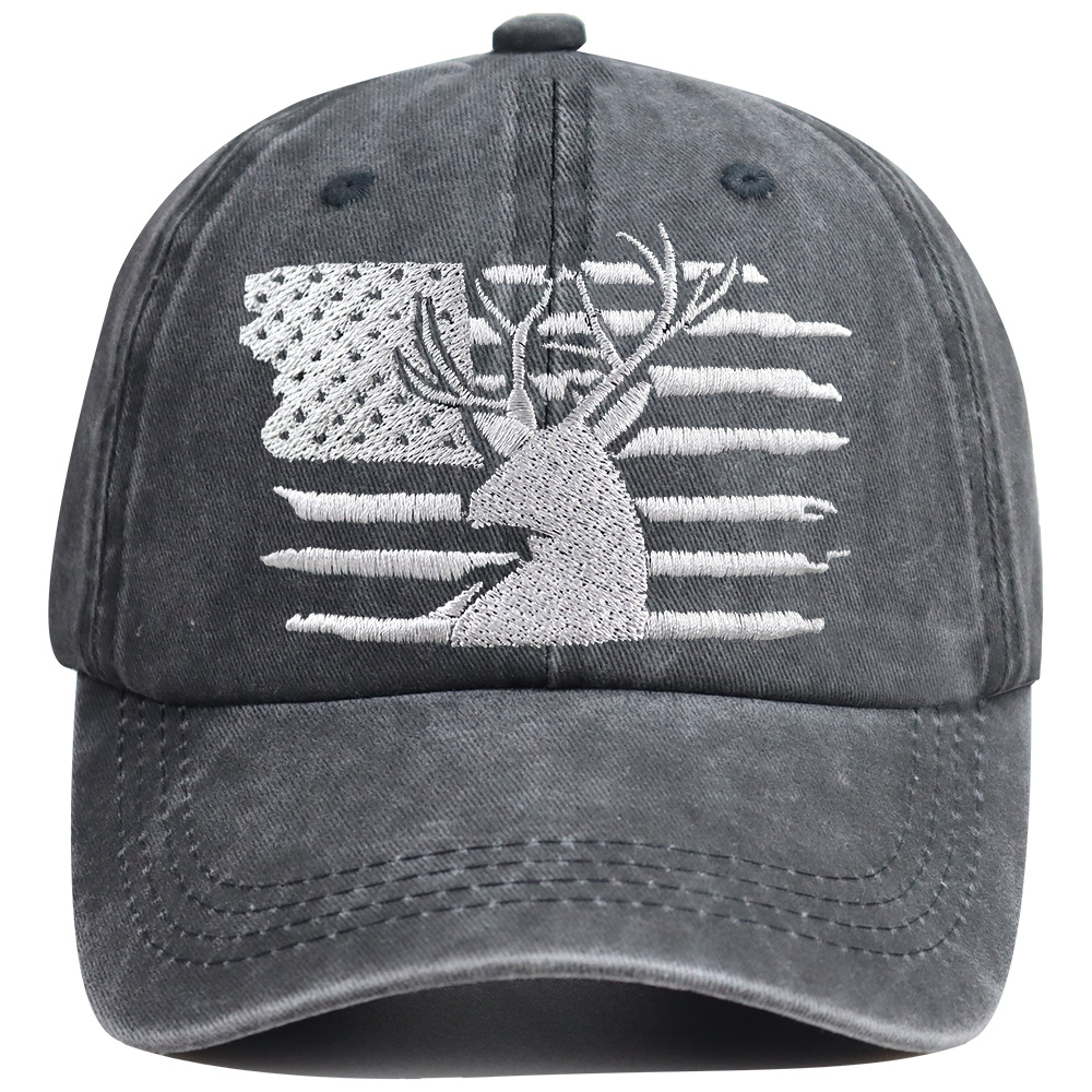 T1 48 MEI8 Embroidered Funny American Flag and Deer Skull Hunting Hat, Distressed Cotton Washed Baseball Cap