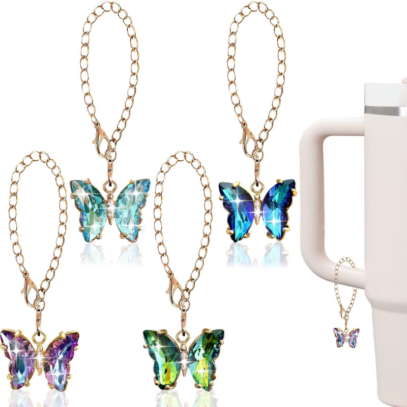 8Pcs Diamond Straw Cap & Butterfly Pendant Set – Cup Accessory Kit