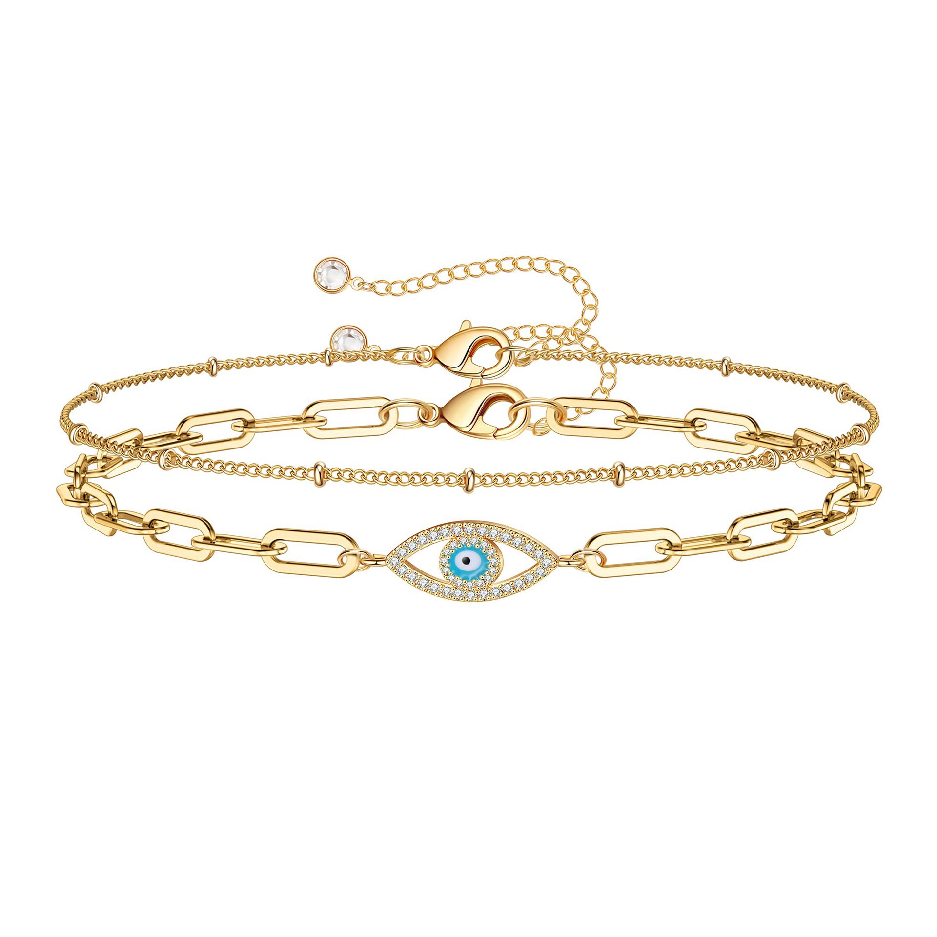 Dainty Gold Bracelets for Women, 14K Gold Plated Adjustable Layered Beads Bracelet Cute Evil Eye Oval Chain Pearl Bar Turtle Gold