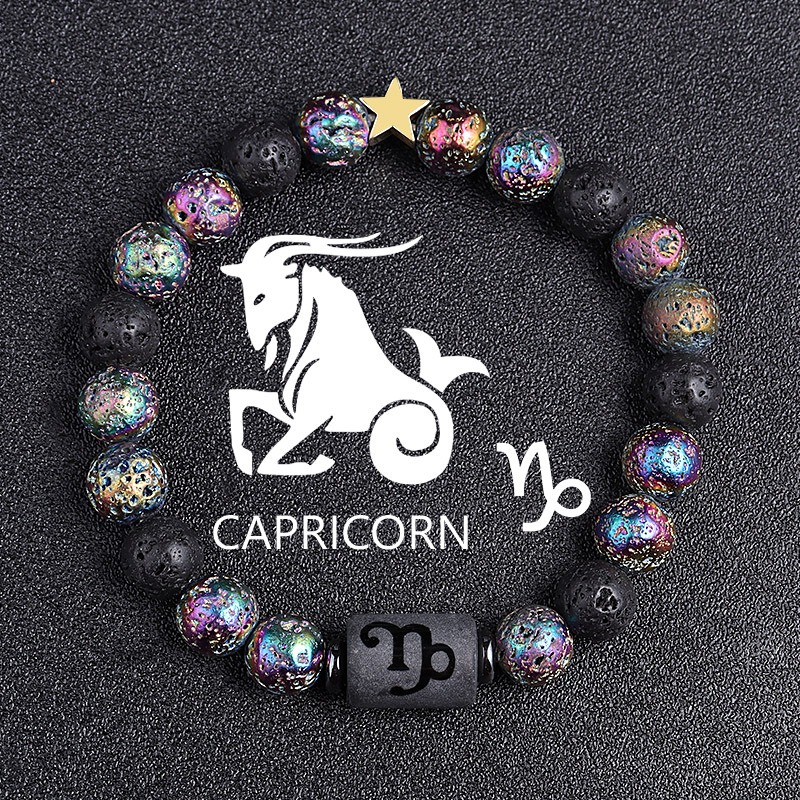 Twelve Constellation Elastic Bracelet – Natural Tiger Eye Lava Stone Beads – Unisex Couple Fashion Bracelet – Capricorn