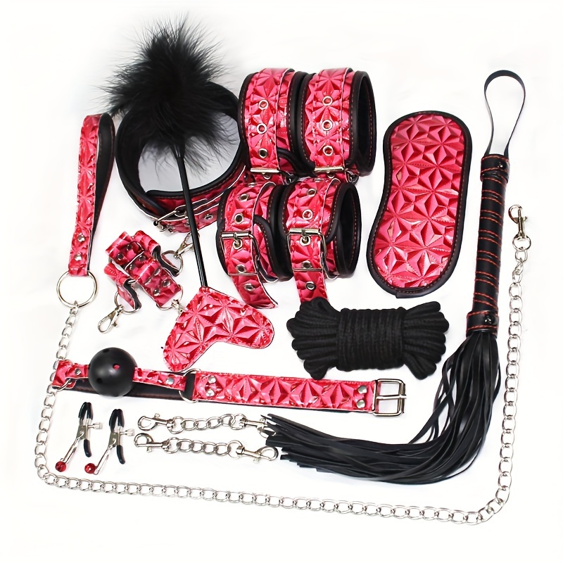 10-Piece SM Sex Toys Set – Diamond Pattern Bondage Kit – Mouth Plug, Nipple Clips, Flogger, Restraints – Adult BDSM Supplies