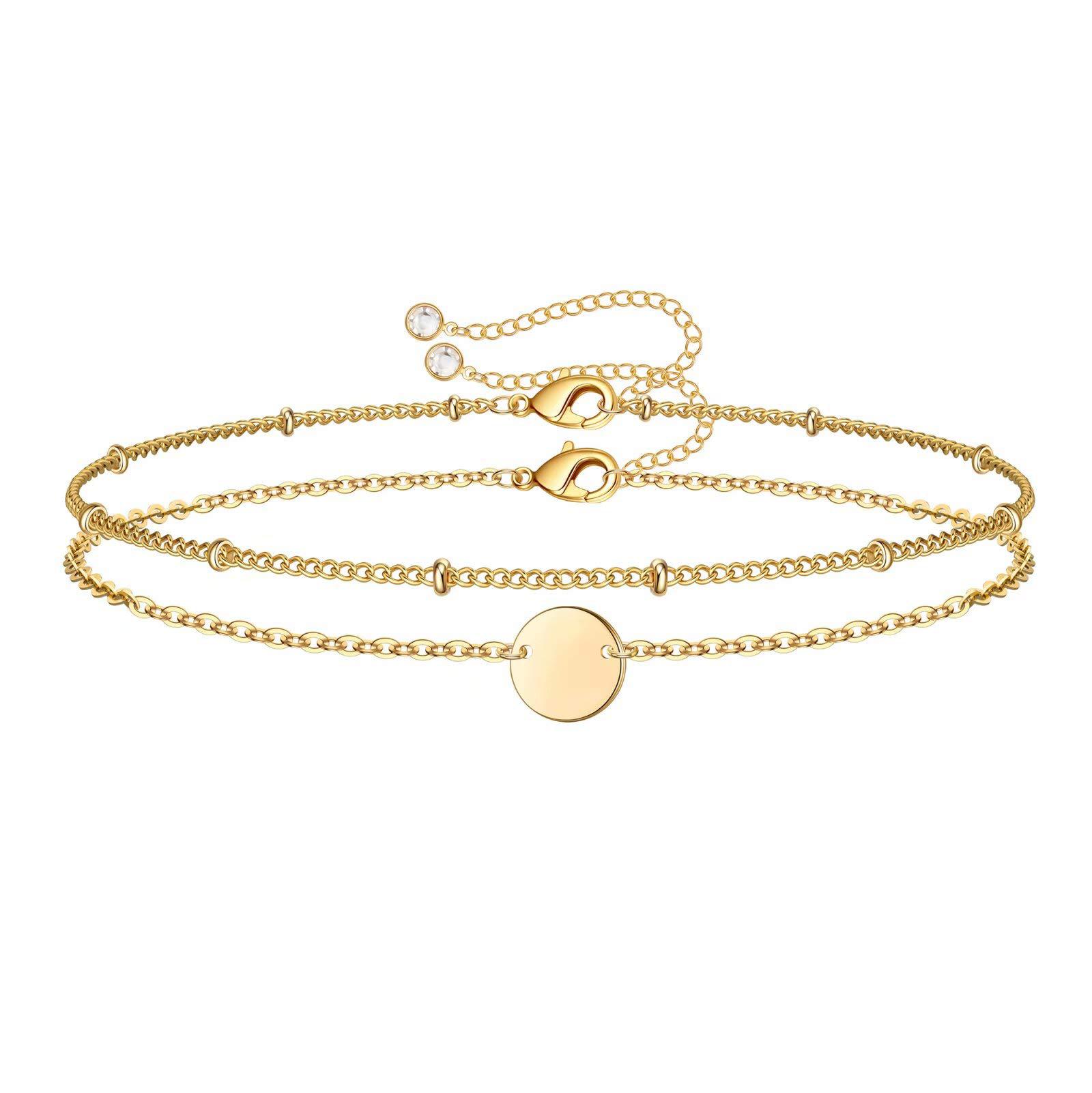 Valentines Day Gifts Initial Bracelets Gifts for Women Trendy - 14K Gold Plated Letter Bracelet Dainty Disc Monogram Charm Bracelet