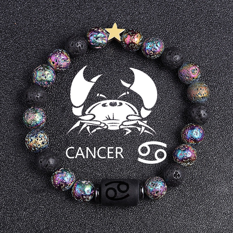 Twelve Constellation Elastic Bracelet – Natural Tiger Eye Lava Stone Beads – Unisex Couple Fashion Bracelet – Cancer