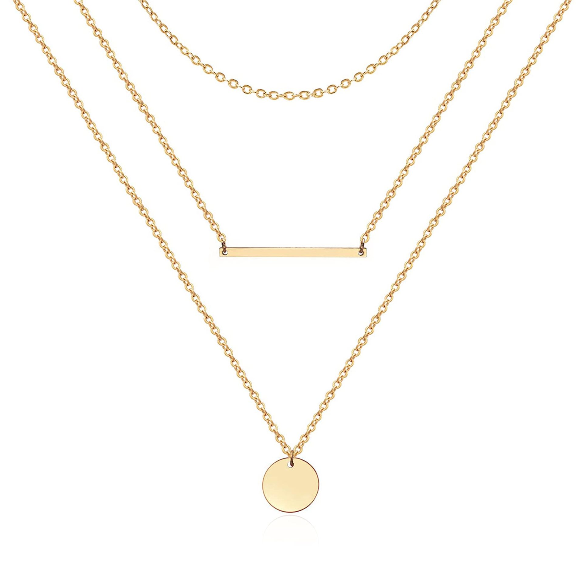 3Pcs Dainty Layered Choker Necklace – Handmade 14K Gold Plated Y Pendant Necklace Multilayer Bar Disc Necklace Adjustable Layering Choker Necklaces for Women