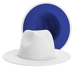 Fedora Hat for Men Women – White Exterior / Blue Interior – 60cm (L) – Wide Brim Jazz Hat with White Wool Felt Band – Adjustable Size – Gift for Family & Friends