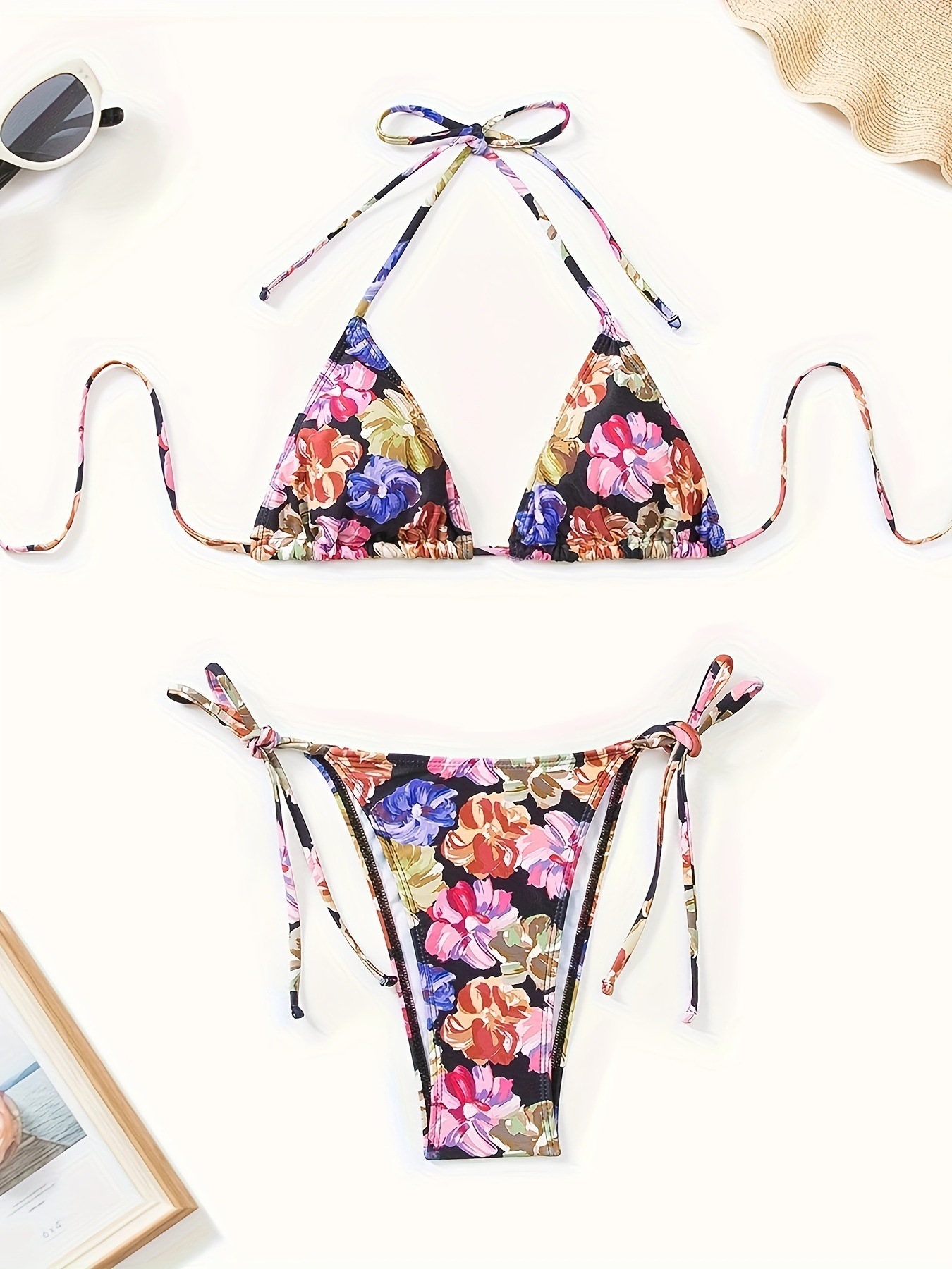 Oil Painting Print Bikini – Women‘s Sexy 2-Piece Deep V Push Up Swimsuit – European American Style Backless Halter Top – Tie Side Bottom – Beachwear – One Size & XS-XXL