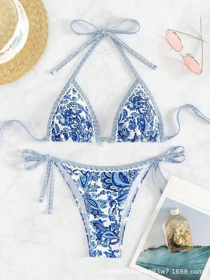 New European American Style 2-Piece Bikini – Sexy Hand-Painted Shell Print Swimsuit – Tie Straps Halter Push Up Top – Tie Side Bottom – Women‘s Beachwear – One Size & XS-XXL