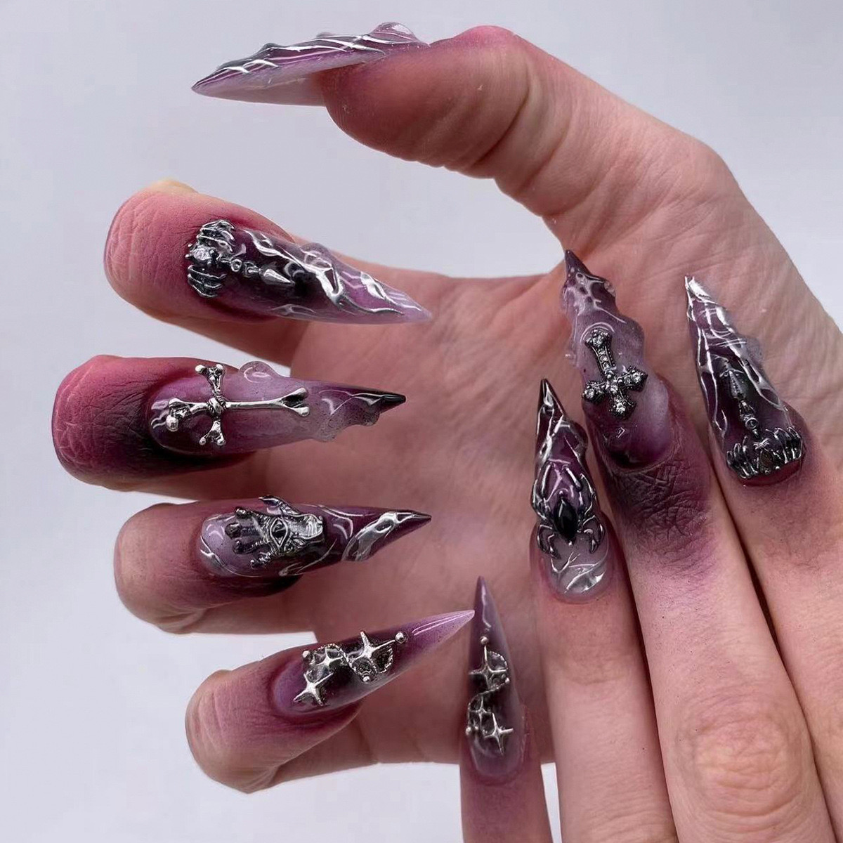 Halloween Purple Press On Nails – Stiletto Long Fake Nails – French Flame Cross Spider 3D Gothic Y2K – Horror Creepy Spooky Airbrushing Chrome – with Nail Glue – 24 Pcss