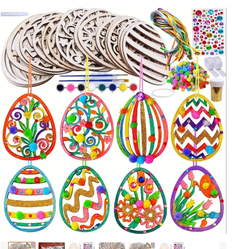32 Sets Wooden Easter Ornaments Decorations DIY Easter Craft Kits Assorted Paintable Unfinished Wood Laser Cut Easter Egg Ornaments