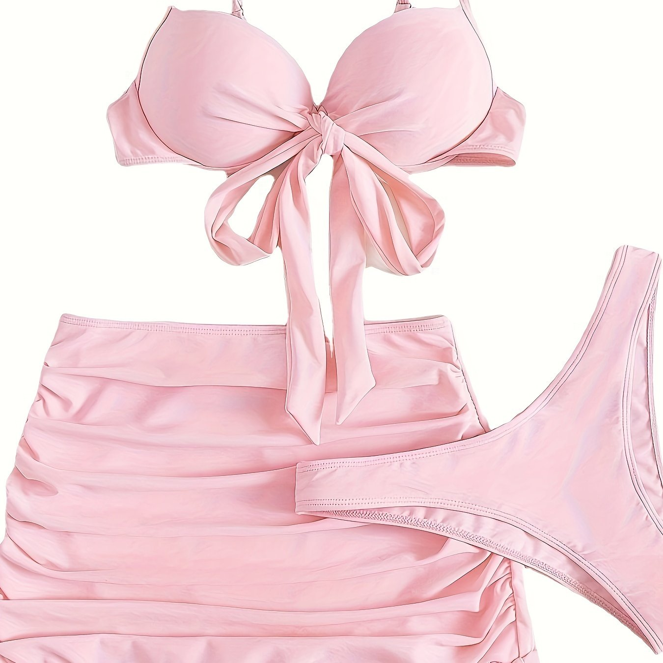 （  M  ）Bikini pink M  3pack Plain Knot Front Push Up Bikini Swimsuit Ruched Beach Skirt