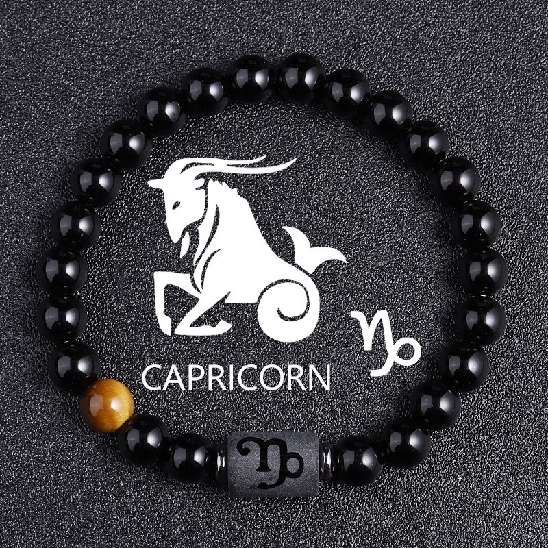Capricorn Zodiac Bracelet – Black Natural Stone – 8mm Elastic Beaded Bracelet for Men Women