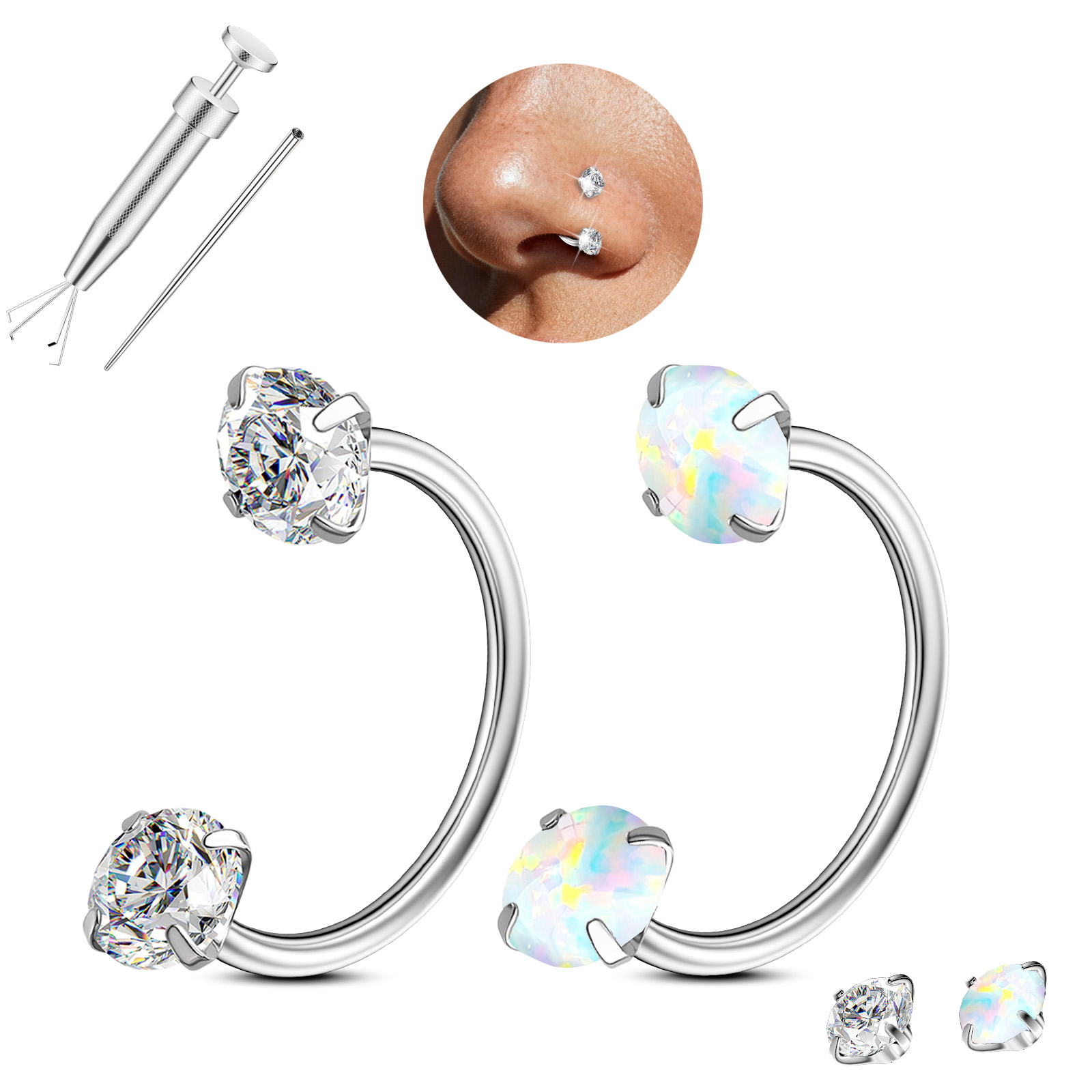Nose Ring Stud Kit with Insertion Tool - 316L Surgical Steel Horseshoe Nose Rings with CZ & Opal Gems, Hypoallergenic Piercing Jewelry for Nose, Lip, Cartilage MTBC-02
