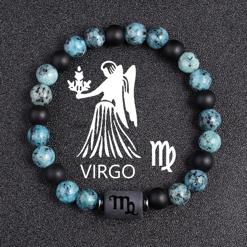 Virgo Zodiac Bracelet – Blue-Black Natural Stone – 8mm Elastic Beaded Bracelet for Men Women