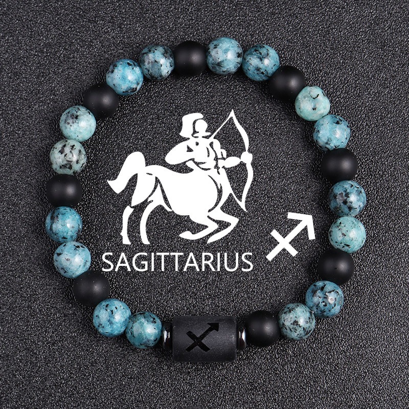 Sagittarius Zodiac Bracelet – Blue-Black Natural Stone – 8mm Beaded Elastic Bracelet for Men Women – Stretchy Adjustable – Positive Energy Gift for Couples