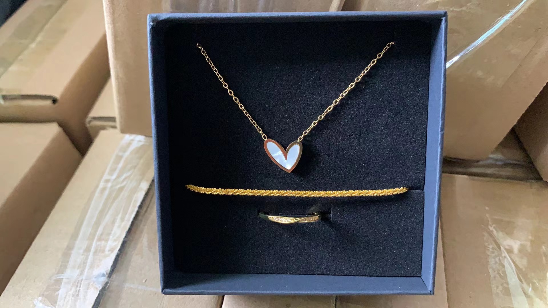 3PCS Adjustable Gold Jewelry Set Pure Gold Like Texture Necklace Bracelet Ring Beautiful Elegant