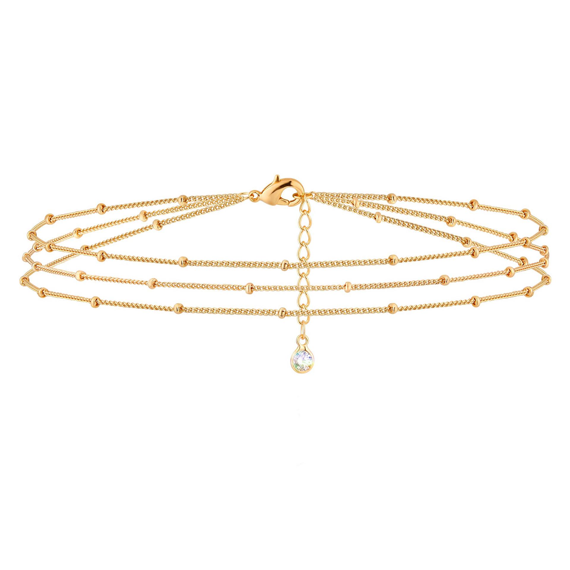 Dainty Gold Bracelets for Women, 14K Gold Plated Adjustable Layered Beads Bracelet Cute Evil Eye Oval Chain Pearl Bar Turtle Gold