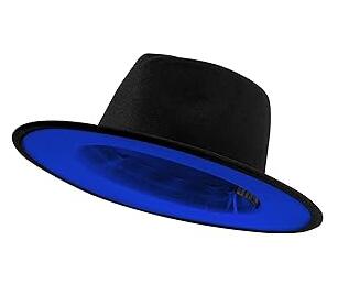 Fedora Hat for Men Women – Black Exterior / Blue Interior – 58cm (M) – Wide Brim Jazz Hat with Leather Belt Buckle Band – Adjustable Size – Gift for Family & Friends