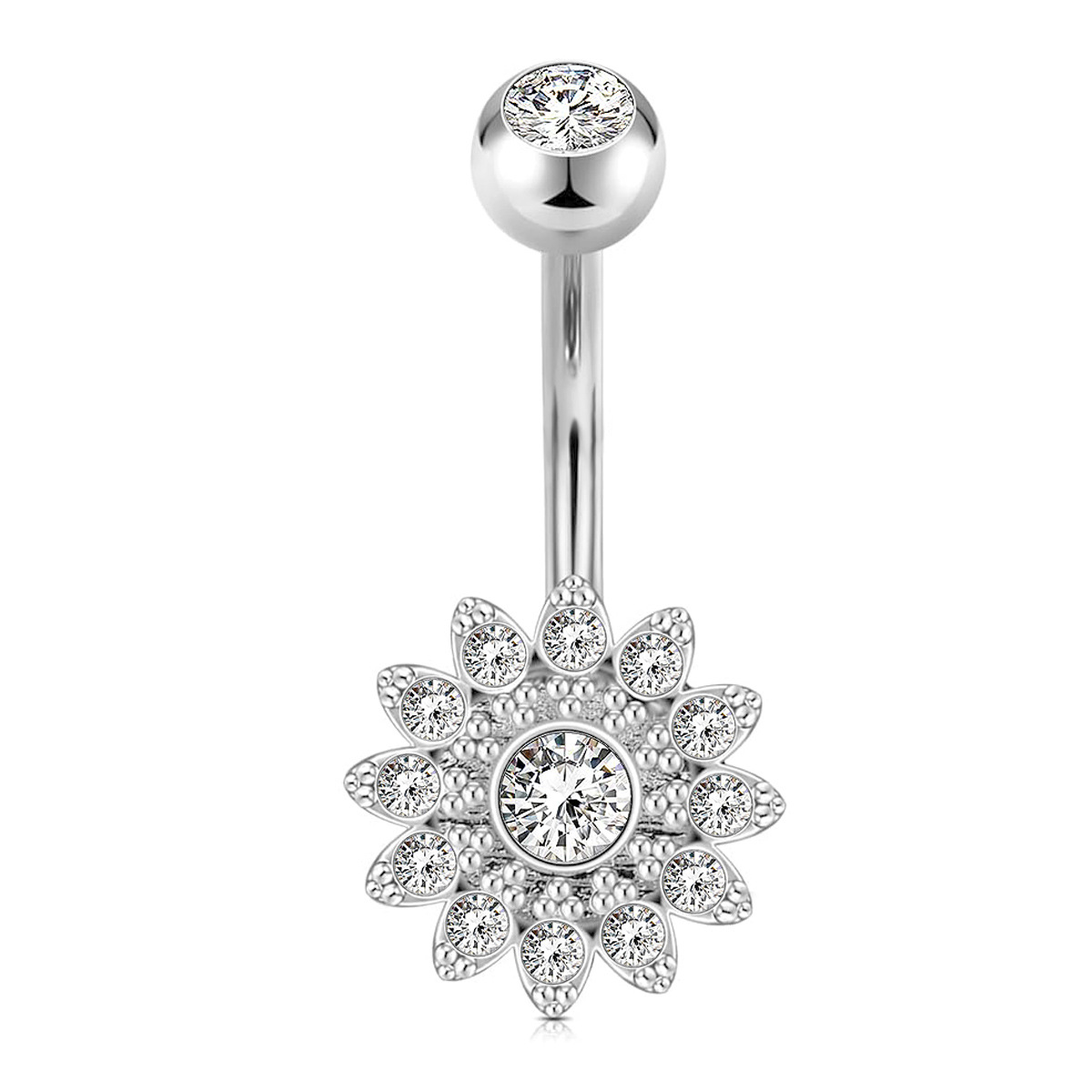 White Diamond Sunflower Surgical Steel Belly Bar – Crystal Blossom Belly Button Ring – 316L Surgical Steel – 1.6mm x 10mm